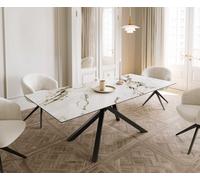 Table à manger Edge 180-220x100 céramique Calacatta Luxe blanc-doré-gris cadre croisé rectangulaire noir extensible