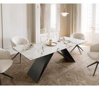 Table à manger Edge 180-220x100 céramique Calacatta Luxe blanc-doré-gris cadre en V acier plat noir extensible