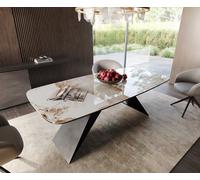 Table à manger Edge en forme de bateau 200x100 céramique Minas mélange blanc-beige cadre en V acier plat noir