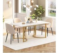 Table à manger et 4 Chaises en Velours Beige, Table Effet Marbre Blanc avec Pieds Dorés, Pieds Réglables, 5 Pièces