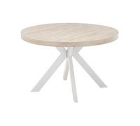 Table à manger extensible 4 à 8 personnes en MDF et acier - Effet travertin beige et Blanc - KOMONI