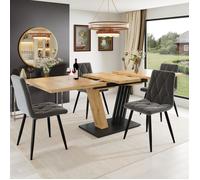 Table à Manger extensible avec 4 Chaises-120-160x80x76cm-chaises gris velours-aspect bois-pour 4 à 6 personnes