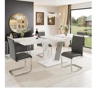 Table à Manger extensible avec 4 Chaises-120-160x80x76cm-cuir synthétique gris Chaises-aspect marbre-pour 4 à 6 personnes