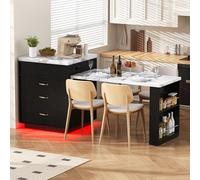 Table à Manger Extensible avec LED et USB C, Desserte Îlot de Cuisine à Roulettes et Plateau Amovible, Table de Bar avec Multiprises et Rangement, Buffet pour la Cuisine et la Salle à Manger, Noir