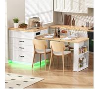 Table à Manger Extensible avec LED et USB C - Desserte Îlot de Cuisine à Roulettes et Plateau Amovible -Buffet pour la Cuisine-Blanc