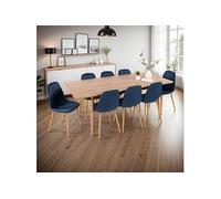 Table à manger extensible chêne + 8 chaises en velours bleu - UBELI