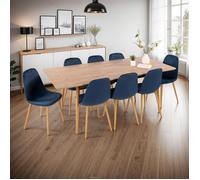 Table à manger extensible chêne + 8 chaises en velours bleu - UBELI