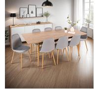 Table à manger extensible chêne + 8 chaises en velours gris - UBELI