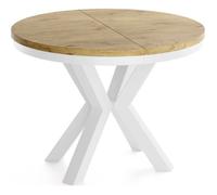 Table à manger extensible - Clara - Ronde - Chêne Lancelot - Pieds métal blanc - Style industriel - 100-180 x 100 x 76 cm