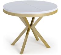 Table à manger extensible - Dina - Ronde - Blanc - Pieds métal dorés - 100-180 x 100 x 76 cm - Style industriel - Compacte
