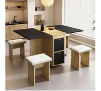 Table à manger extensible et rabattable avec 4 tabourets, panneaux de particules, blanc noir aspect bois 120 x 80 x 75 cm ORVRYN