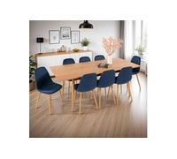 Table à manger extensible naturel + 8 chaises en velours bleu - UBELI