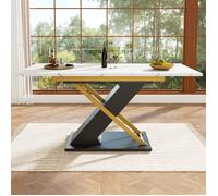 Table à manger extensible noire effet marbre avec piètement croisé