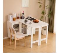Table à manger extensible piable avec buffet 122x40x82cm - pieds en métal doré, portes coulissantes en verre - blanc