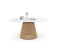 Table à manger extensible ronde CARMEN 4-8 personnes pied bois en lattes et plateau marbre blanc ALASKA 110 - 150 cm