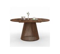 Table à manger extensible ronde CARMEN 4-8 personnes pied noyer en lattes et plateau noyer 110-150 cm