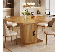 Table à Manger Extensible Ronde - Naturel - avec Rangement Caché et Porte-Verres Table Pliante de Cuisine