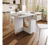 Table à manger pliante, 120 x 75 x 75 cm, mobile, pour 2 à 4 personnes, espace de rangement ouvert, deux tiroirs, roulettes avec freins, cuisine, salon, salle à manger, blanc