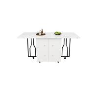 Table à manger pliante 80 à 140 cm avec rangement, sur roulettes, plateau effet marbre blanc, pieds noirs, gain de place, 4 à 8 personnes