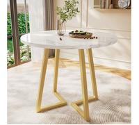 Table à manger ronde 80 cm décor marbre blanc et or, plateau MDF, pieds métalliques réglables, style contemporain ORVRYN