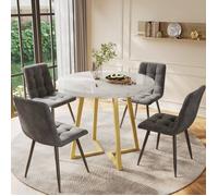 Table à manger ronde 80cm - 4 chaises en velours gris - Métal noir - Design contemporain