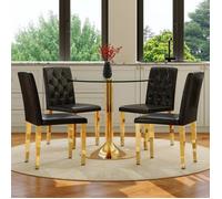 Table À Manger Ronde Ø85x76cm + 4 Chaises Noir 42x46x89cm, Verre Trempé, Support Métal Doré, Design Moderne Pour Salle À Manger