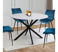 Table à manger ronde ALIX 4-6 personnes pied araignée métal noir et plateau effet marbre blanc ALASKA 110 cm