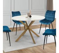 IDMARKET Table à manger ronde ALIX 6 personnes pied araignée laiton et plateau effet marbre doré ALASKA 110 cm
