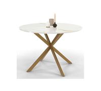 Table à manger ronde ALIX 6 personnes pied araignée laiton et plateau effet marbre doré ALASKA 110 cm