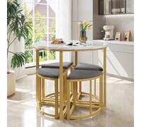 Table à manger ronde avec 4 chaises en velours gris, plateau blanc et structure dorée