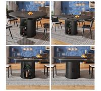 Table à Manger Ronde Extensible, de 118 à 158 cm, 6 Personnes | MDF noir, rangement central à 2 niveaux, portes coulissantes striées, rallonge intégrée et 6 pieds réglables