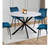 Table à manger ronde ALIX 4-6 personnes pied araignée métal noir et plateau effet marbre blanc ALASKA 110 cm