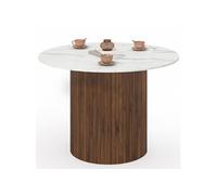 Table à manger ronde JULIETTE 6 personnes pied central effet lattes noyer et plateau effet marbre blanc ALASKA 110 cm
