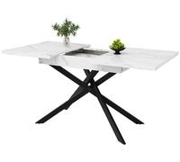 Table à manger - Table télescopique extensible de 120 à 160 cm - Plateau en marbre blanc - Pieds en croix en métal noir - Peu encombrante - Design moderne - Blanc