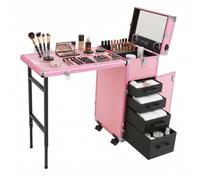 Table à ongles à roulettes avec 4 tiroirs, plateau pliant, Rose | Chariot à cosmétiques, 4 roulettes verrouillables et capacité de charge de 50 kg pour salon de manucure et maquillage