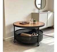 Table Appoint Ronde 2 Niveaux Bureau Mobile Smooth Wood Grain Top & | Table basse ronde 2 niveaux plateau finition noyer panier maille et roues pivotantes 360 avec frein.