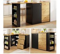 Table bar extensible 138 cm avec rangement et plateau tournant 360° - Îlot de cuisine, table haute mobile, finition bois