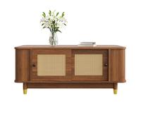Table basse 100/50/42 cm noyer en MDF avec portes coulissantes en rotin