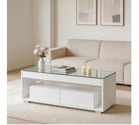 Table basse - 100x50x40 cm - 2 tiroirs - Bandes LED contrôlables via application - Plateau verre trempé laqué blanc