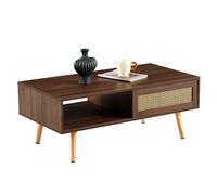 Table basse 105/55/40 cm marron en MDF avec portes coulissantes aspect rotin