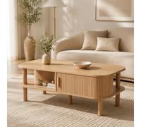 Table basse 110x55x45 cm MDF naturel avec rangement, porte coulissante