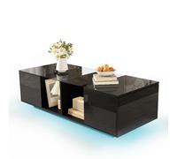 Table basse 120x50x38.5 cm LED et rangement latéral verre MDF noir