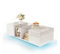 Table basse 120x50x38.5 cm LED, rangement verre MDF blanc