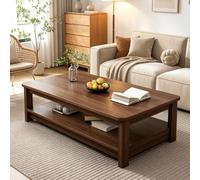 Table basse 2 niveaux rangement, grain bois et cadre acier robuste | Table basse cadre acier renforcé, grand rangement rectangulaire gain de place, plateau bois étanche(Walnut,55.1in)