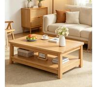 Table basse 2 niveaux rangement, grain bois et cadre acier robuste | Table basse cadre acier renforcé, grand rangement rectangulaire gain de place, plateau bois étanche(Natural,39.4in)
