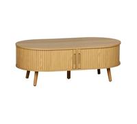 Table basse 2 portes coulissantes avec 3 compartiments décor bois rainuré. L 110 x P 59 x H 39cm