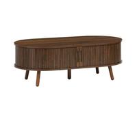 Table basse 2 portes coulissantes avec 3 compartiments décor bois rainuré noyer. L 110 x P 59 x H 39cm