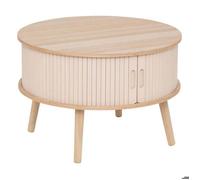 Atmosphera - Table Basse Ronde Nysos Beige et Bois, D 60 x H 41 cm, Portes Coulissantes Effet Lattes - pour Salon, Meuble d'Appoint