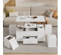 Table basse 4-en-1 réglable en hauteur, convertible en table à manger, 4 tabourets inclus, tiroirs de rangement, blanc