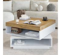 Table basse 65 x 65 cm avec éclairage LED – Table basse carrée en chêne blanc, pivotante à 360°, avec espace de rangement ouvert, pour les petits espaces
